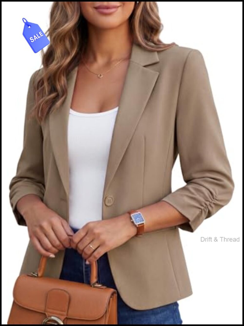 Women 3/4 Sleeve Blazer Slim Fit Work Suit Jacket Ruched Office